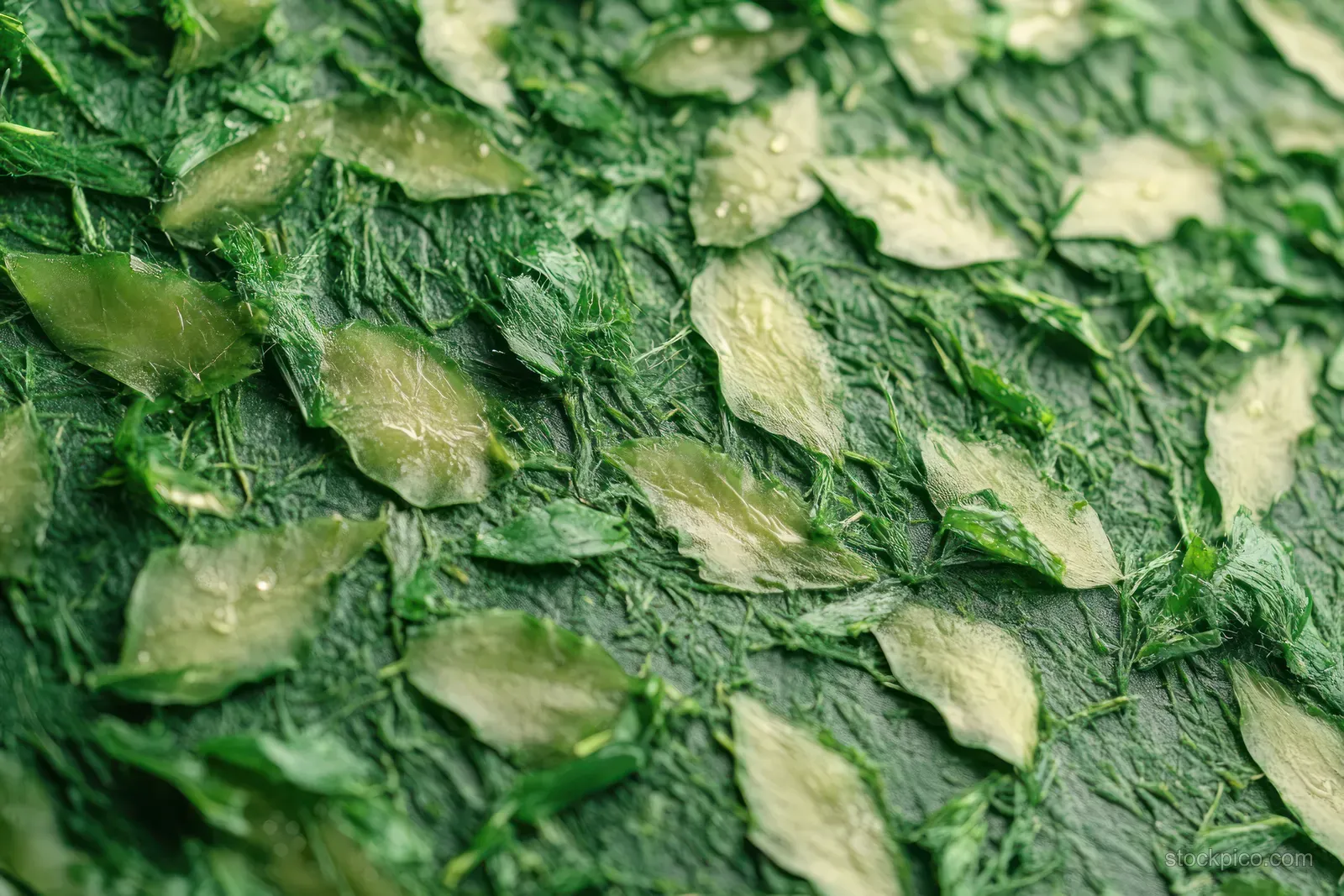 Close-up of fresh green seaweed leaves with textured ridges and overlapping edges.