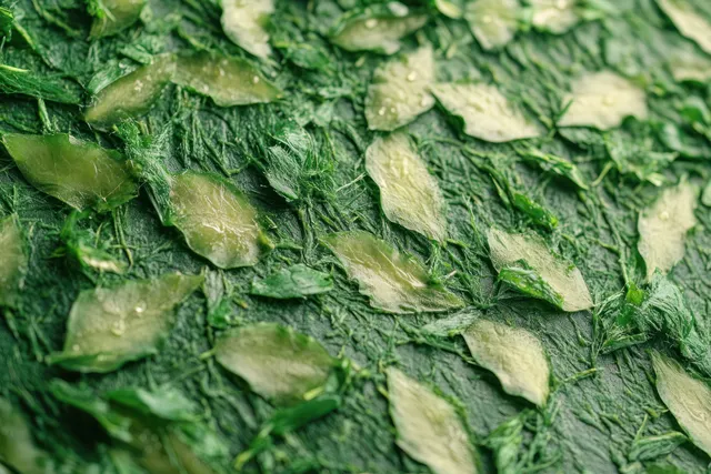 Close-up fresh green seaweed leaves on textured background with natural ridges