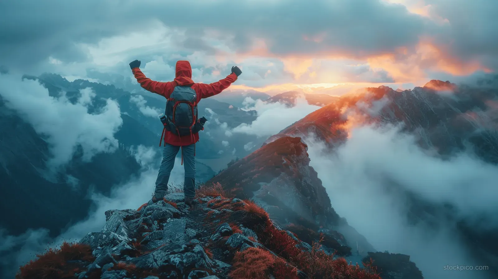 A hiker stands on a rocky mountain peak with arms raised as sunrise glows through surrounding misty clouds.