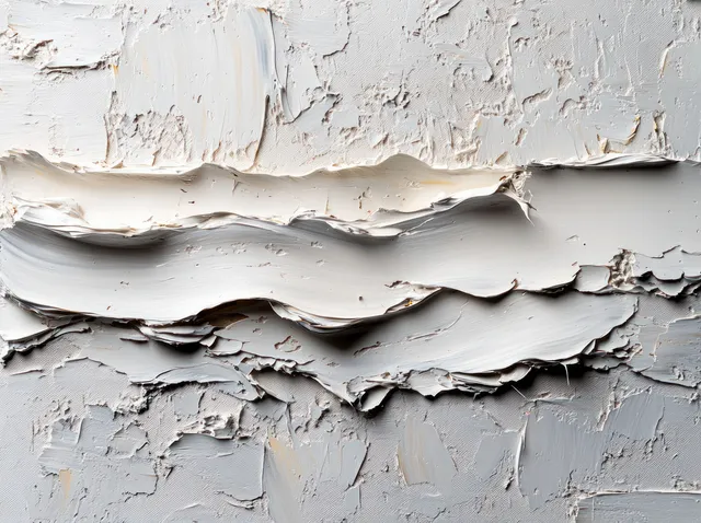 Silver brushstroke ripples across a white textured canvas with layered impasto and soft shadows.