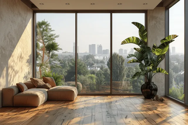 Minimalist empty dining room with parquet floor, large windows showing a city skyline, and a black vase plant.