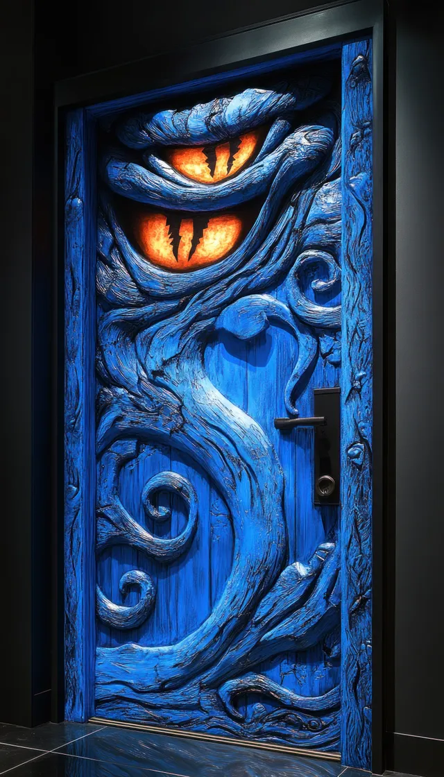Glowing orange-eyed blue monster mural on a doorway with carved vines and icicle-like drips.