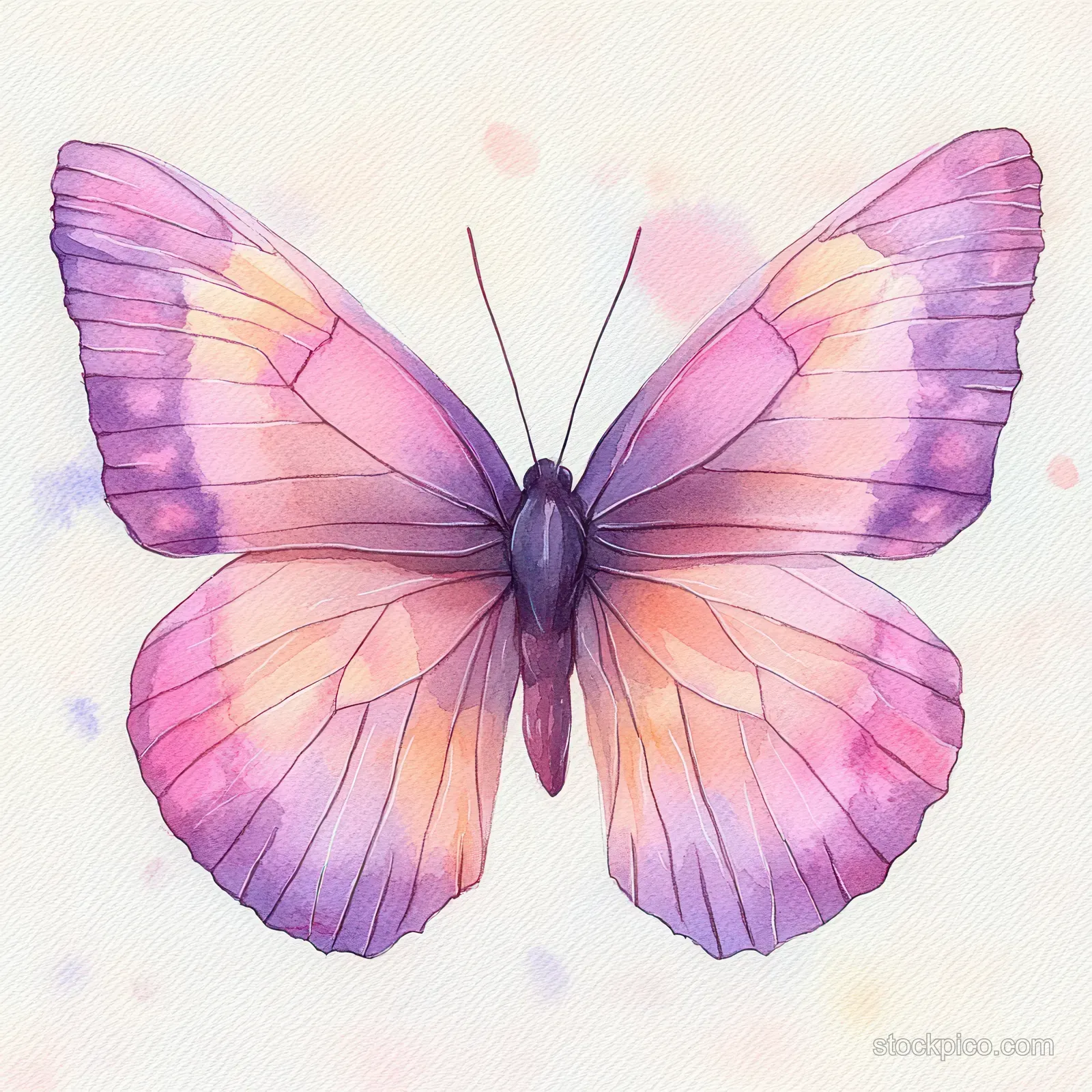 Watercolor butterfly with pink and lavender wings hovering on a pale pastel background.