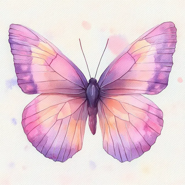 Watercolor butterfly with pink and lavender wings hovering on a pale pastel background.