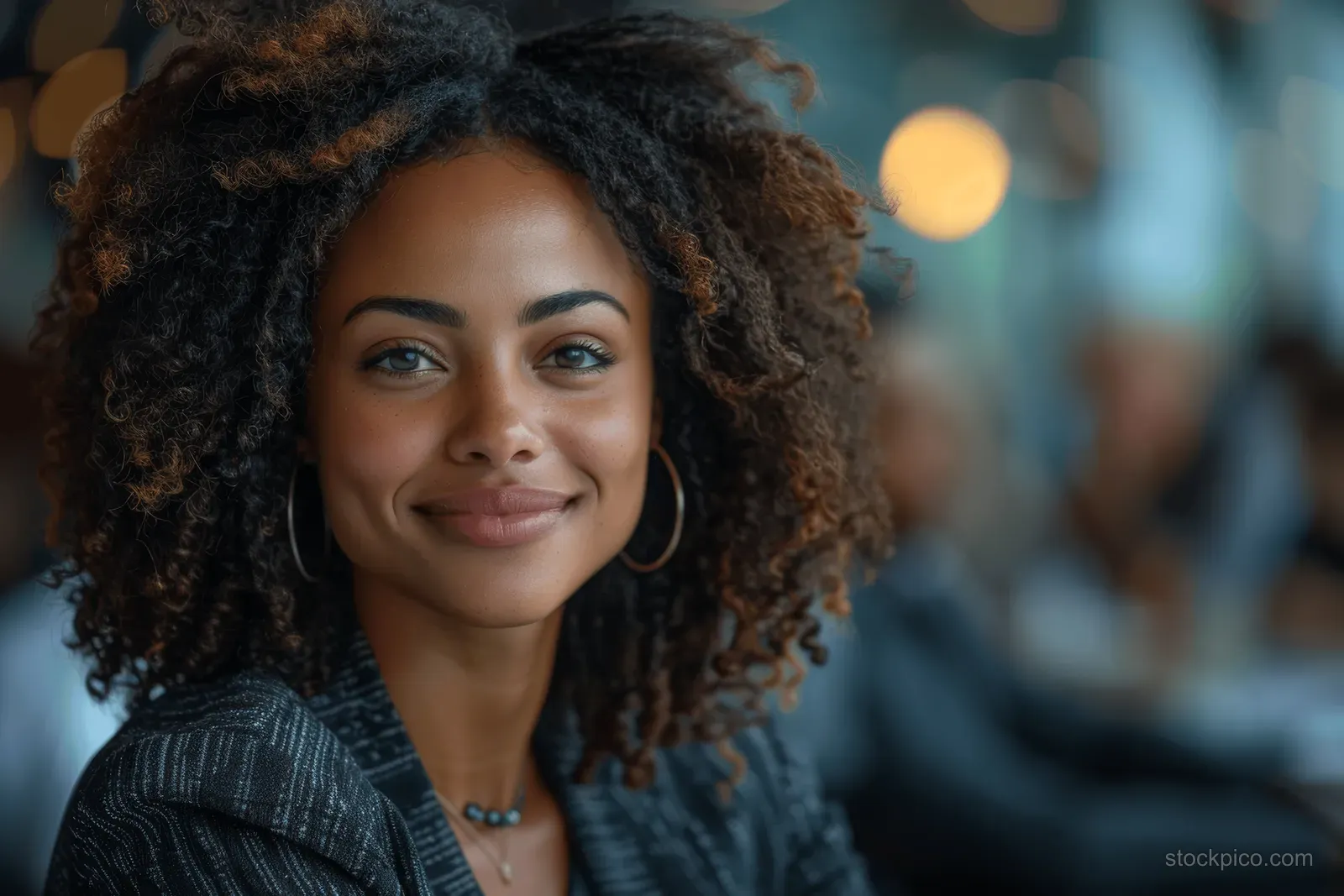 A confident Black businesswoman smiles while leading a collaborative meeting with colleagues in a modern boardroom.