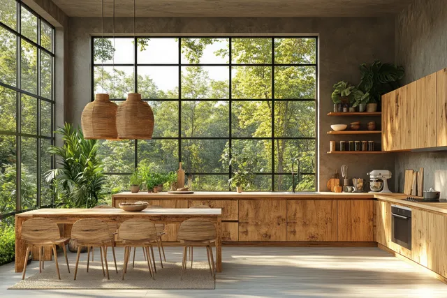 Sunlit modern kitchen interior with light wood cabinets, dining table, and large window view.