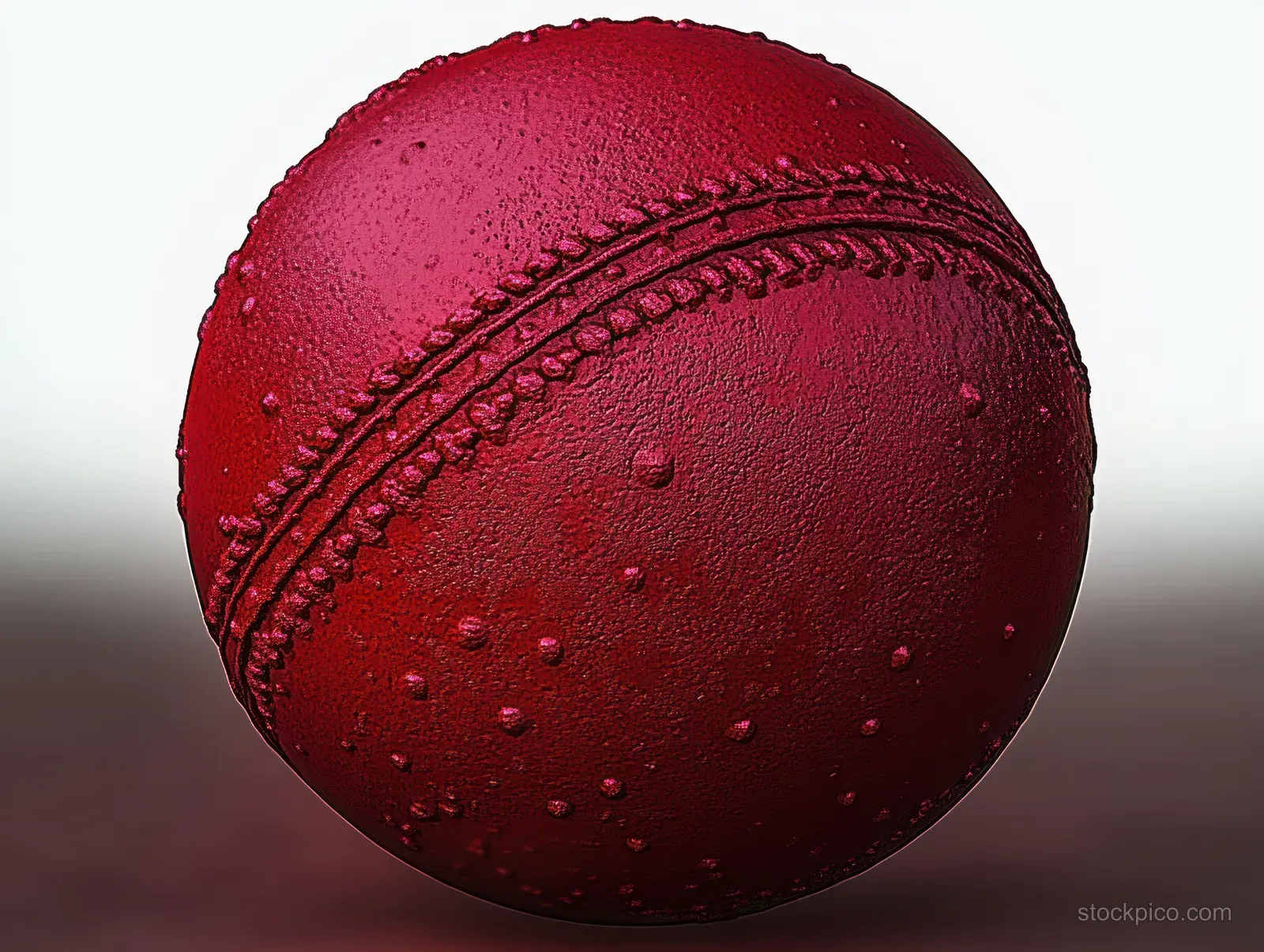 Close-up of a red cricket ball showing detailed stitching, textured bumps, and slight wear.