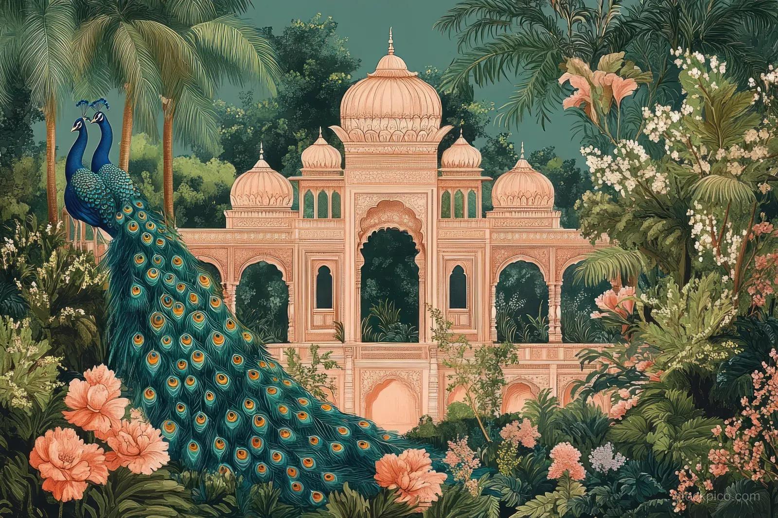 Peacock and parrot stand in lush flowering Mughal garden beside an ornate sandstone pavilion.