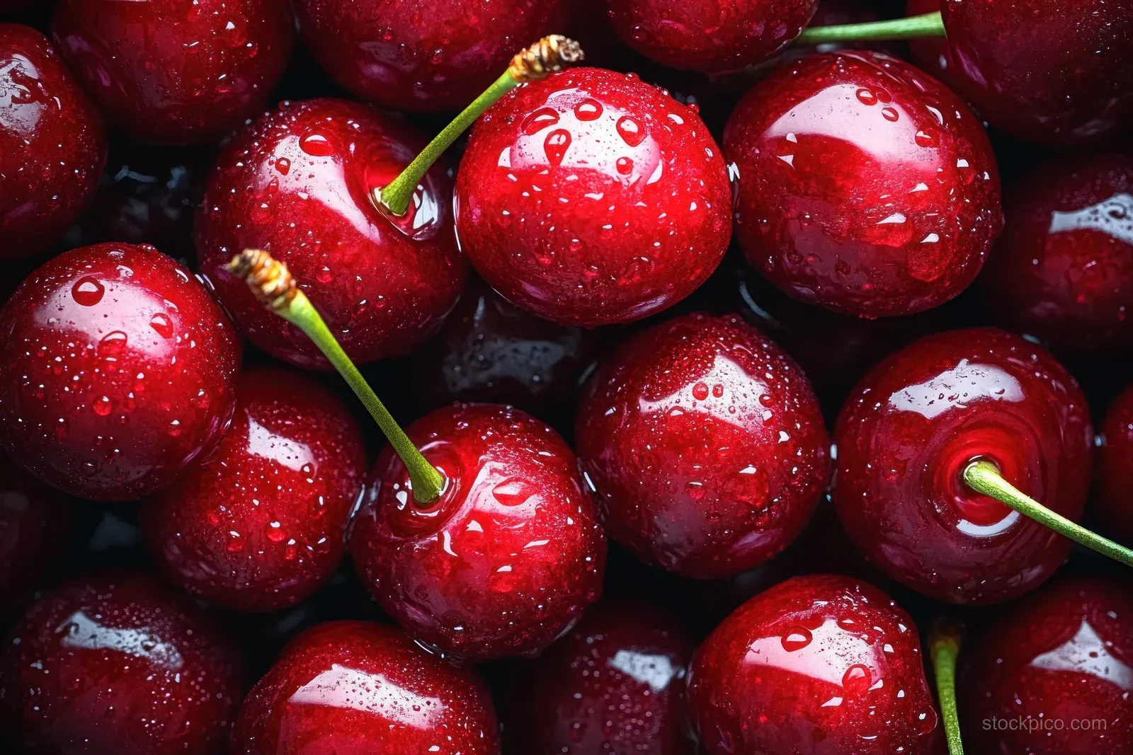 Close-up of ripe red cherries covered in water droplets with green stems visible.