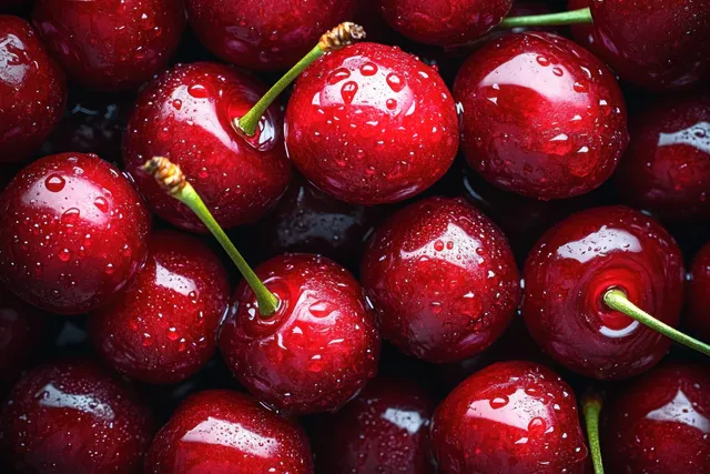 Close-up of ripe red cherries covered in water droplets with green stems visible.