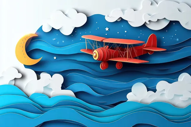 Red vintage biplane flies over blue paper waves beneath a starry night sky with clouds and a crescent moon.