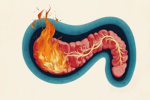 Illustrated human colon with bright flames and red inflamed inner tissue indicating digestive inflammation.