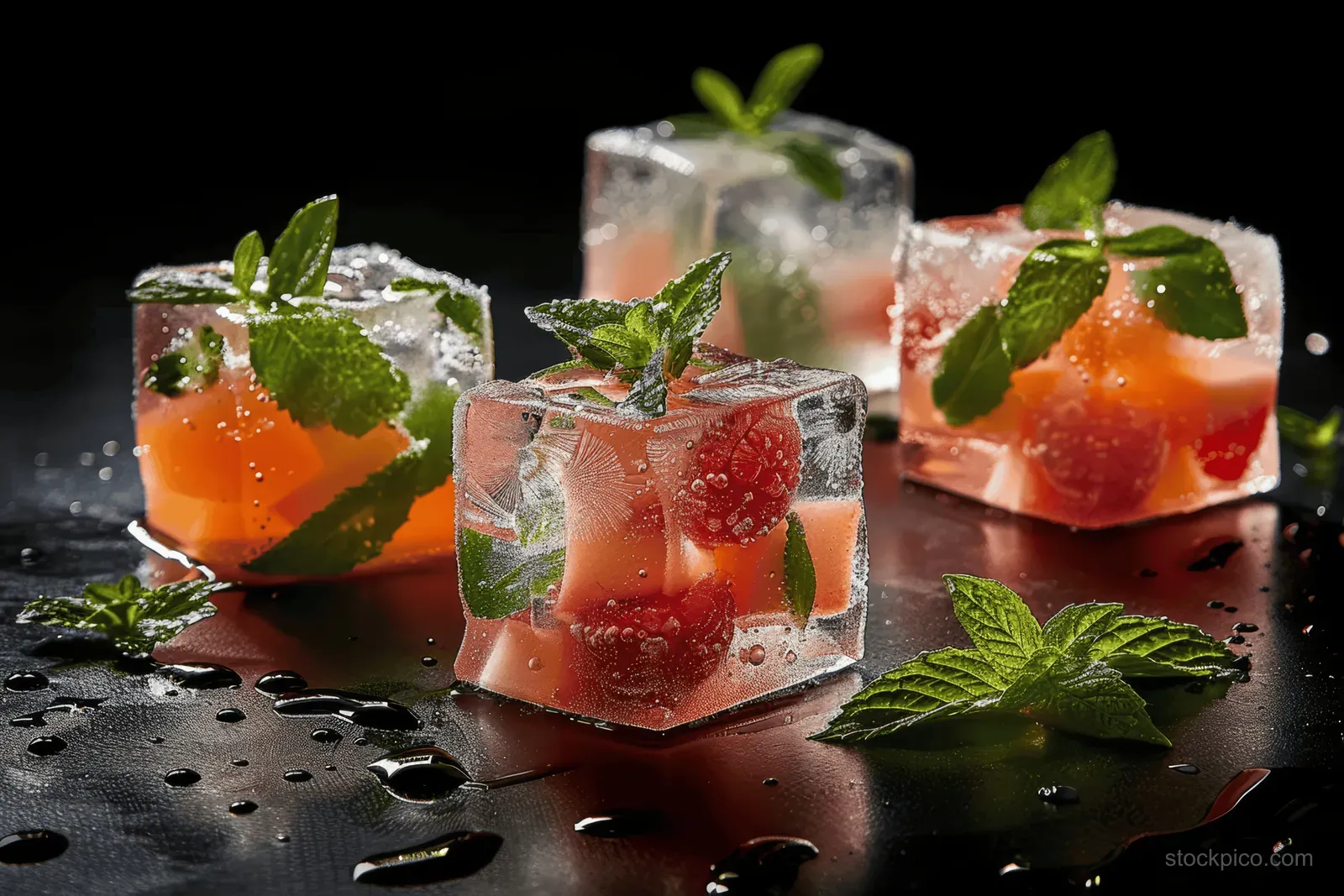 Frozen ice cubes with mint leaves and citrus fruit pieces on a dark background with scattered water droplets.