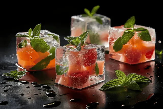 Frozen ice cubes with mint herbs and citrus fruit pieces on a dark background with Food And Drink
