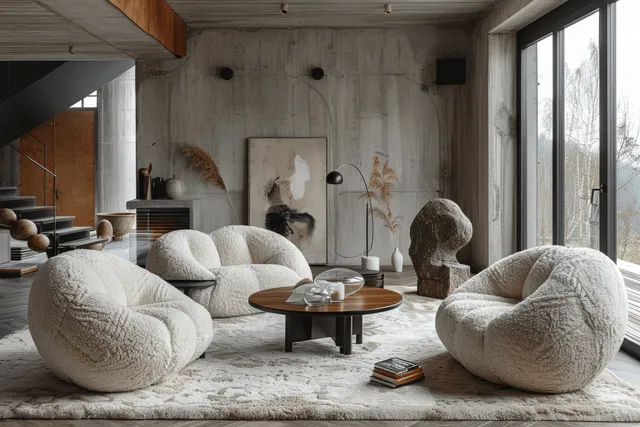 Round sofas and fluffy armchairs surround a small coffee table in a minimalist Scandinavian living room near a large window.