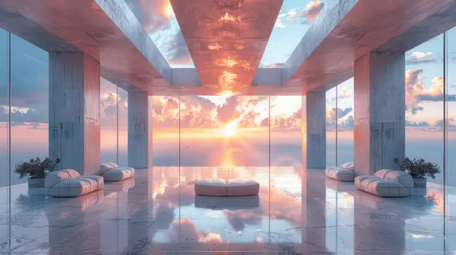 Futuristic minimalist concrete interior with columns, large windows, and a glowing sunset reflected on the shiny floor.