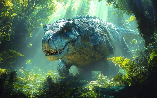 Armored ankylosaur dinosaur emerges from lush prehistoric jungle under sunlit mist rays