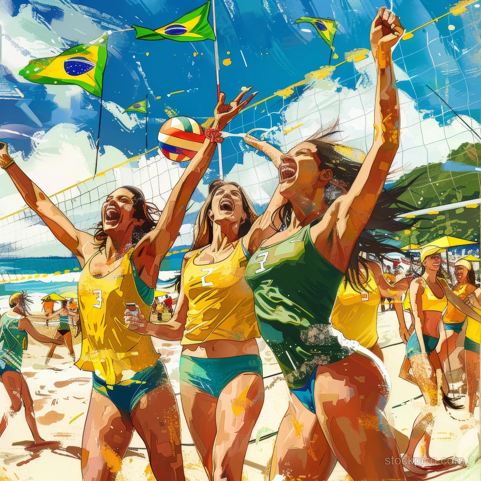 Brazilian women beach volleyball players celebrate victory on sand, raising hands and waving green-yellow flags.