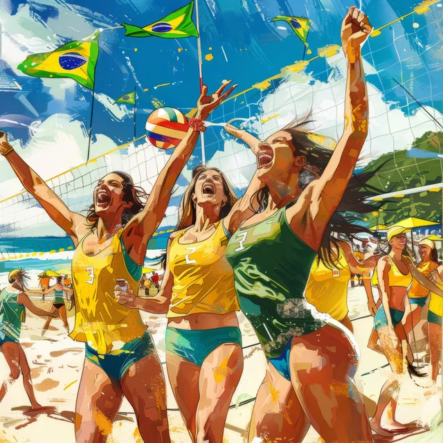 Brazilian women beach volleyball players celebrate victory on sand, raising hands and waving green-yellow flags.
