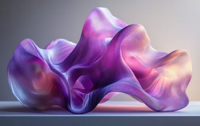 Translucent purple abstract sculpture with curved geometric forms on a soft gradient background