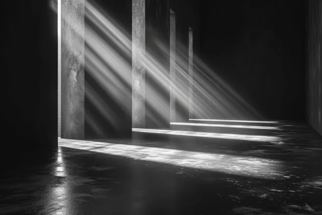 Monochrome room with window light rays cutting across glossy floor and empty wall