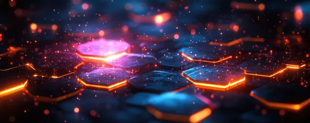 Neon hexagon lines glow on a blue medical technology background with sparkling particles.