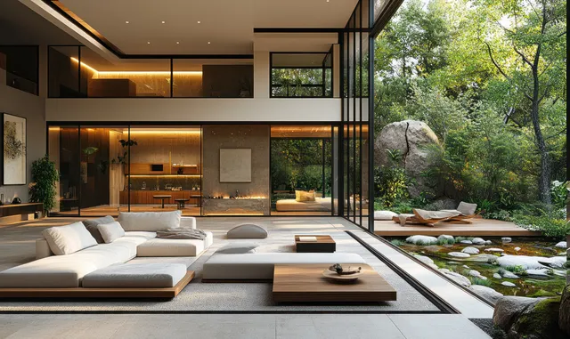 Scandinavian living room with neutral sectional sofa and large windows revealing a lush garden view.