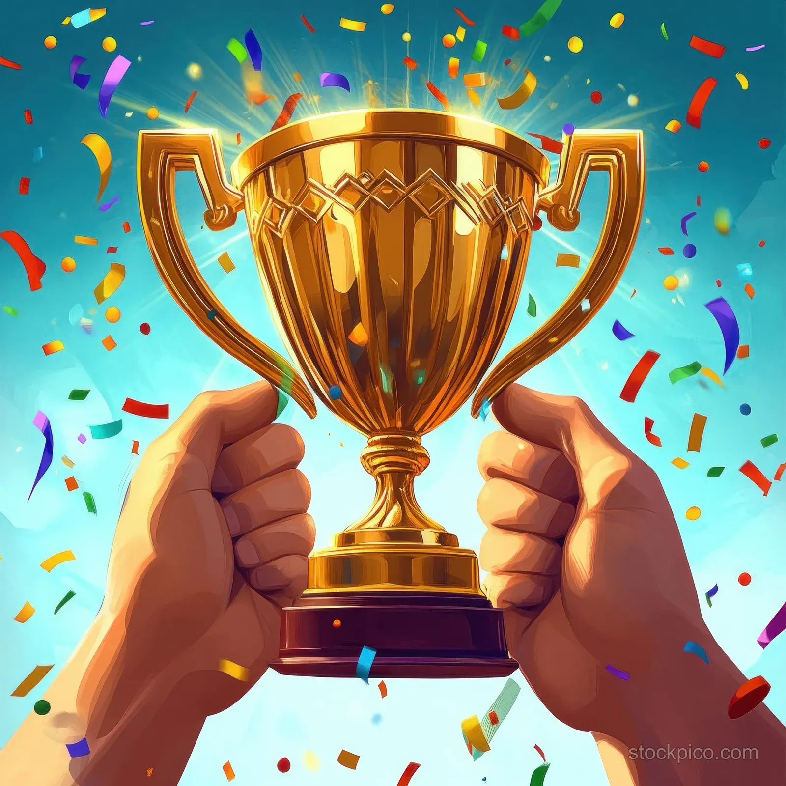 Two hands raise a golden trophy cup while colorful confetti falls against a bright blue sky.