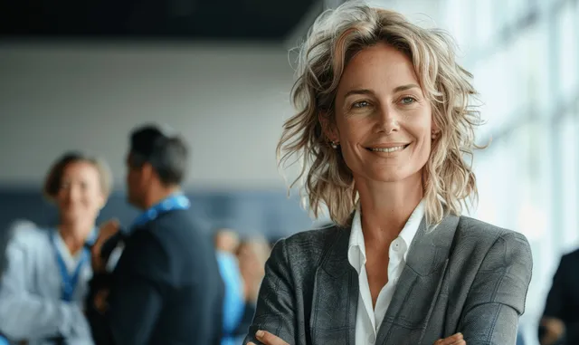 Confident mature businesswoman smiling while presenting in a conference meeting room