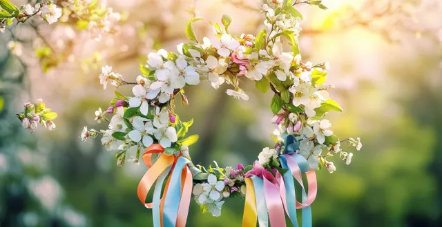 Circular wreath of white and pink flowers with multicolored ribbon tails hanging in warm sunlight outdoors.