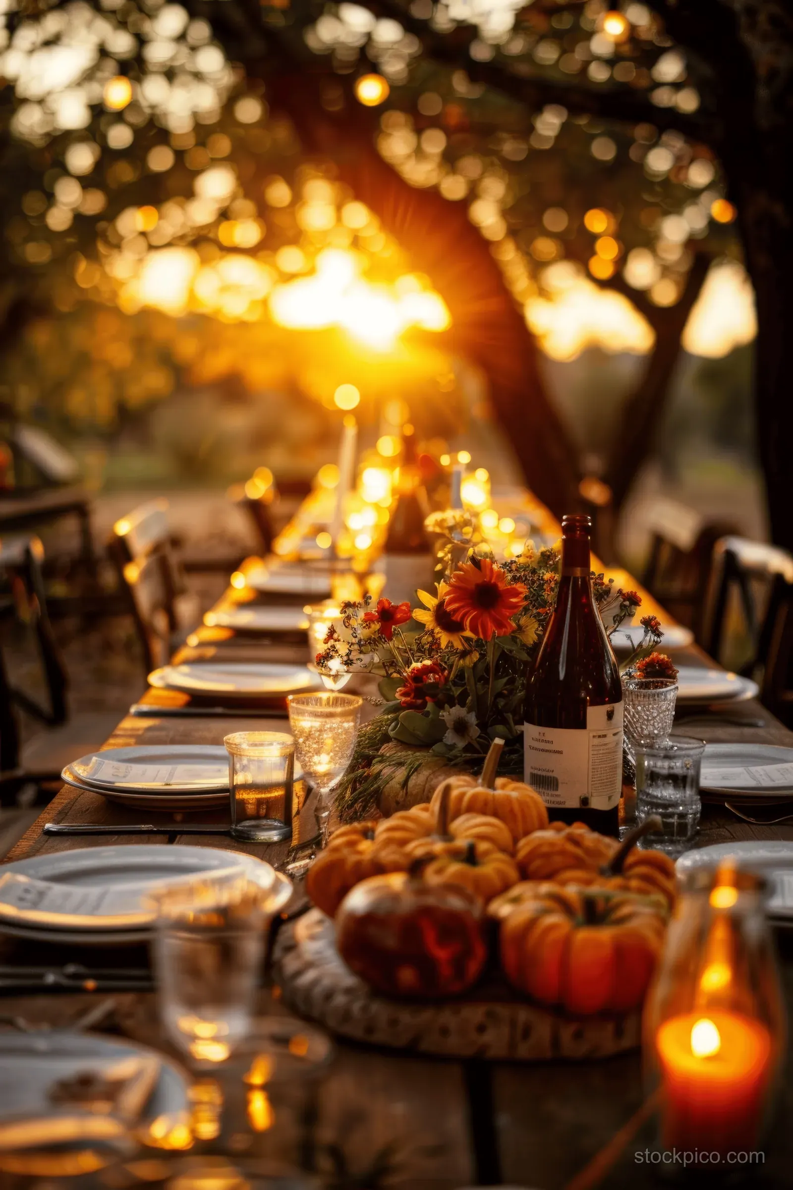 Rustic outdoor dinner table at sunset with pumpkins, wildflowers, and lit candles along the path.