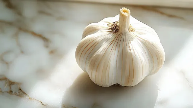 Whole garlic bulb resting on smooth marble with soft natural light and textured cloves