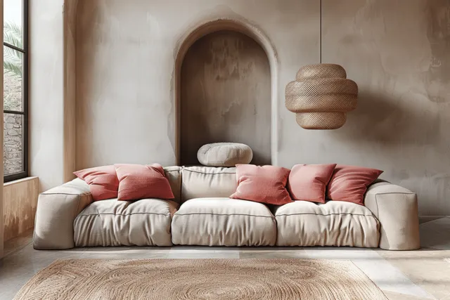 Beige living room scene with a sofa, pink pillows, arched alcove, and a round pendant light.