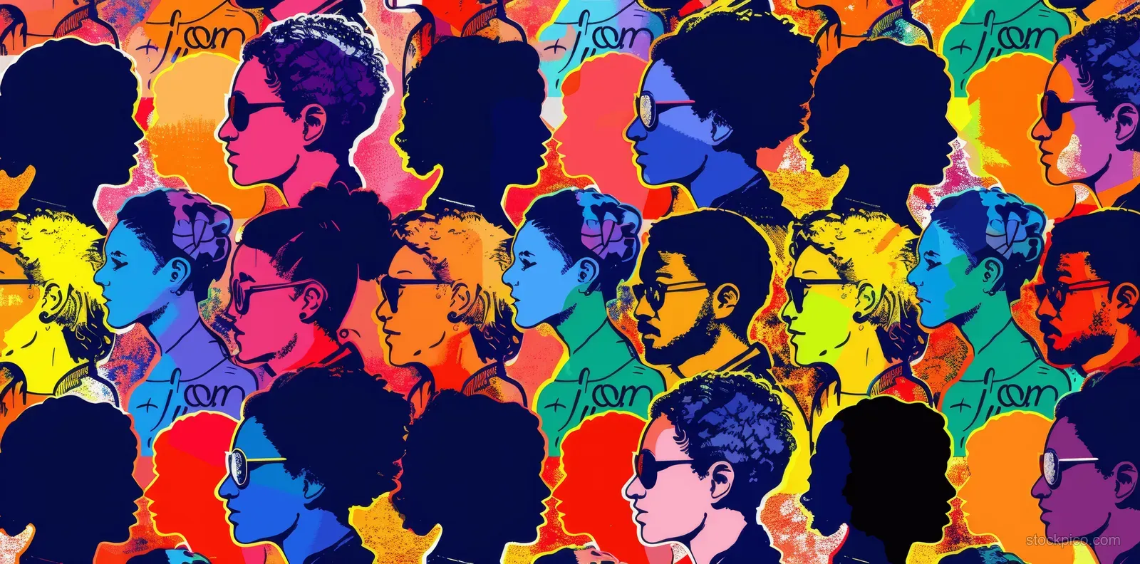 Colorful pop art pattern with repeated human silhouettes and profile faces.