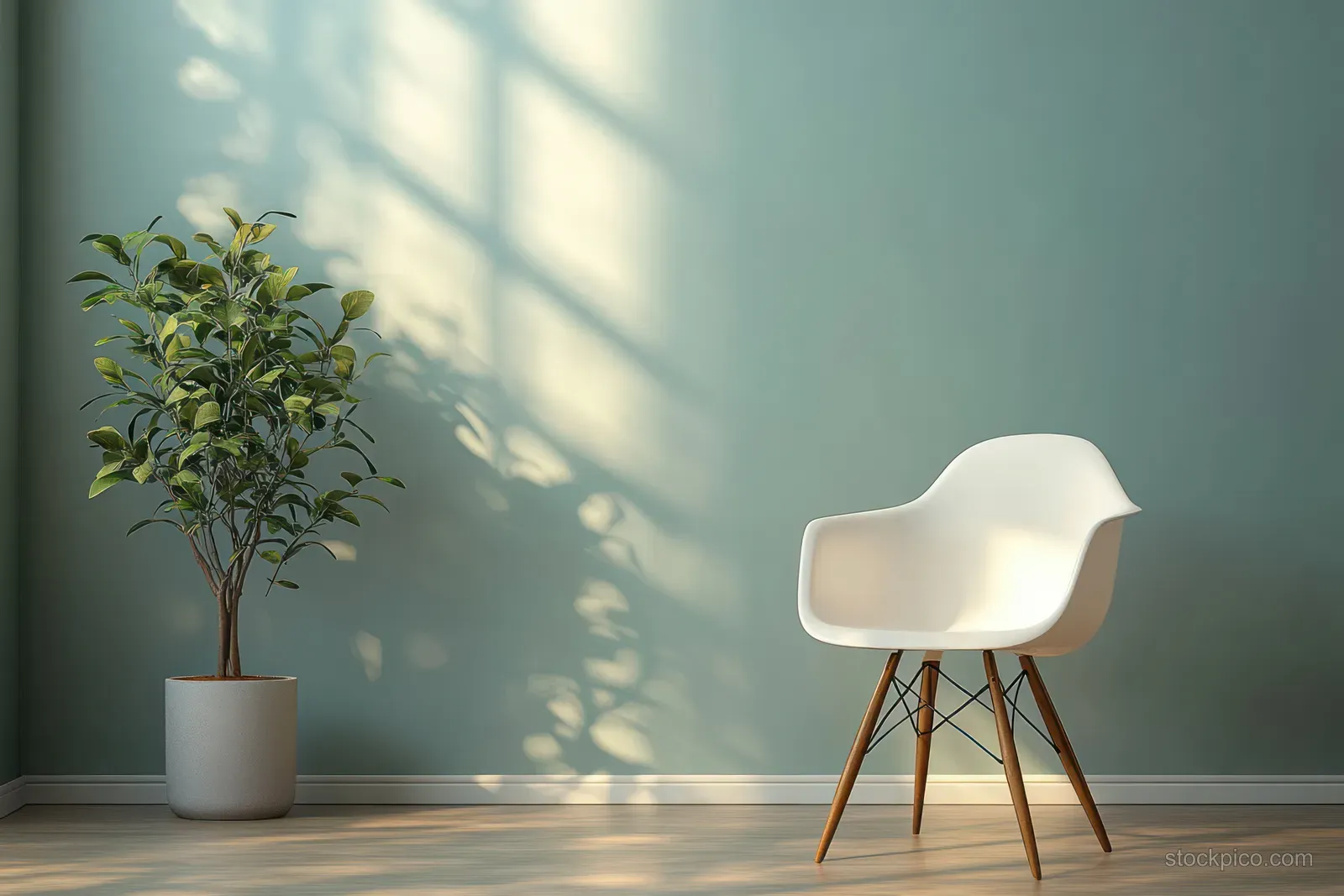 Sunlit minimalist living room corner with a white chair, potted plant, and soft window shadow on the wall.