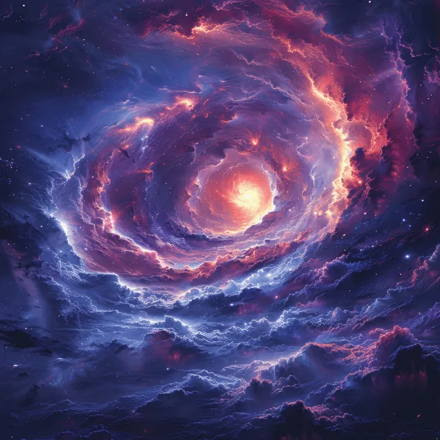 Fiery supernova ring expands through swirling nebula clouds under purple-blue volumetric light rays.