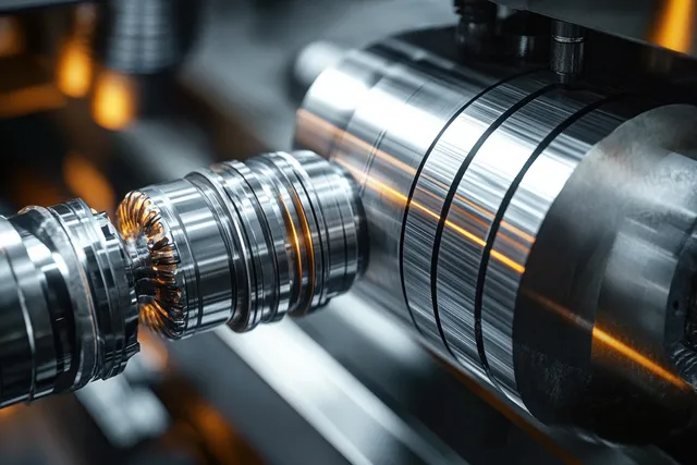 A metal lathe cutting a rotating cylindrical workpiece, showing fine grooves and glowing reflections near the tool.