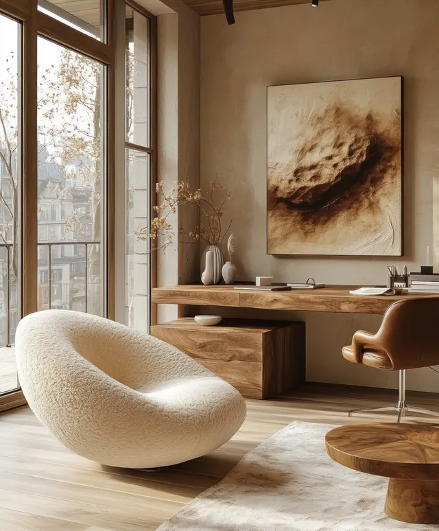 Plush white armchair and wooden desk arranged in a sunlit Scandinavian living workspace near a large window.