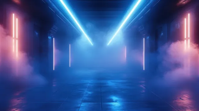Neon blue cyberpunk room with foggy light beams and glowing vertical bars