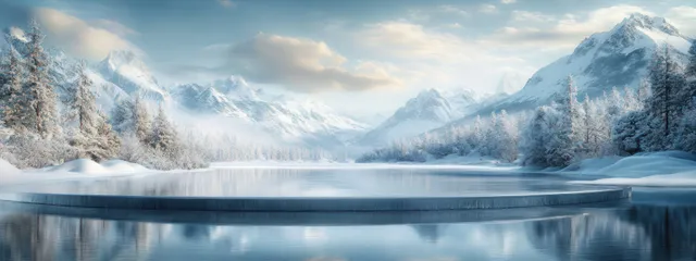 Frozen lake winter landscape showing snow mountains, icy surface reflections, and a podium platform in the foreground.