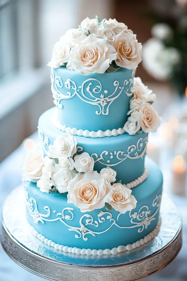 Elegant three-tier blue wedding cake adorned with white roses and intricate floral icing details.