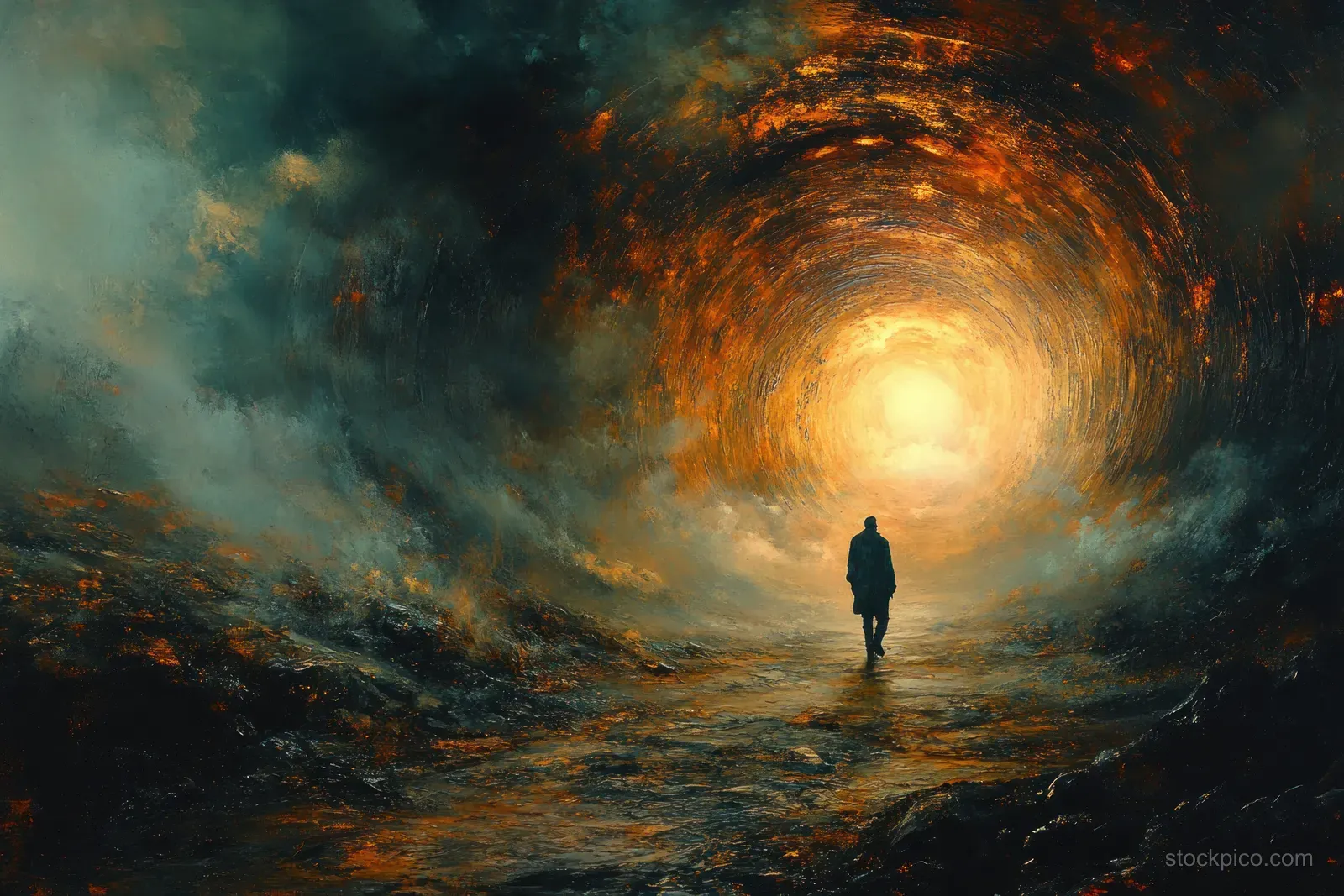 A lone figure walks down a spiral tunnel path toward a glowing light portal amid swirling colored mist.