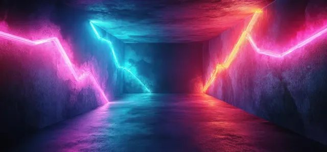 Neon-lit underground hallway with glowing strips, concrete walls, and cyberpunk perspective