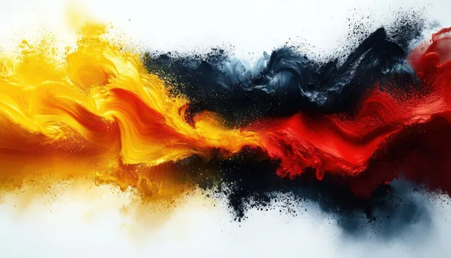 Red yellow black ink smoke splashes swirl together across a textured abstract background.
