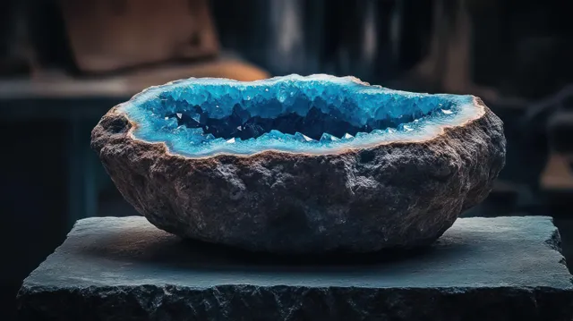 Blue crystal geode with sparkling facets resting on a dark stone slab in dim lighting.