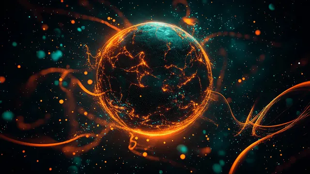 Glowing fiery globe with illuminated cracks, swirling particles and electric energy arcs