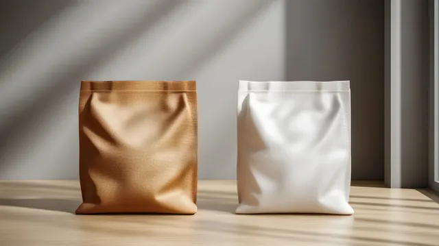 Two minimalist paper bags with zip tops on gray backdrop, side-by-side with soft shadows