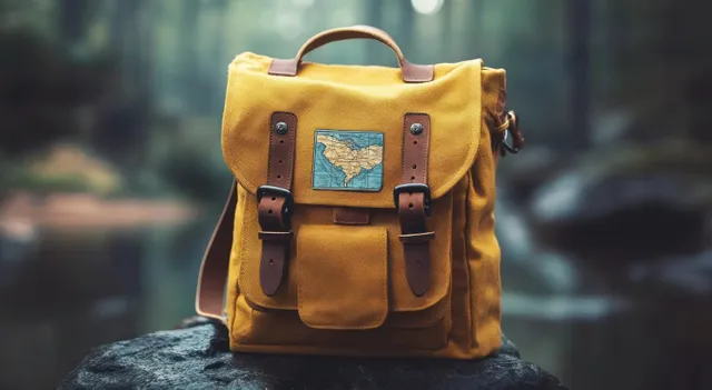 Yellow canvas backpack with leather straps resting on a misty forest rock with blurred trees behind.