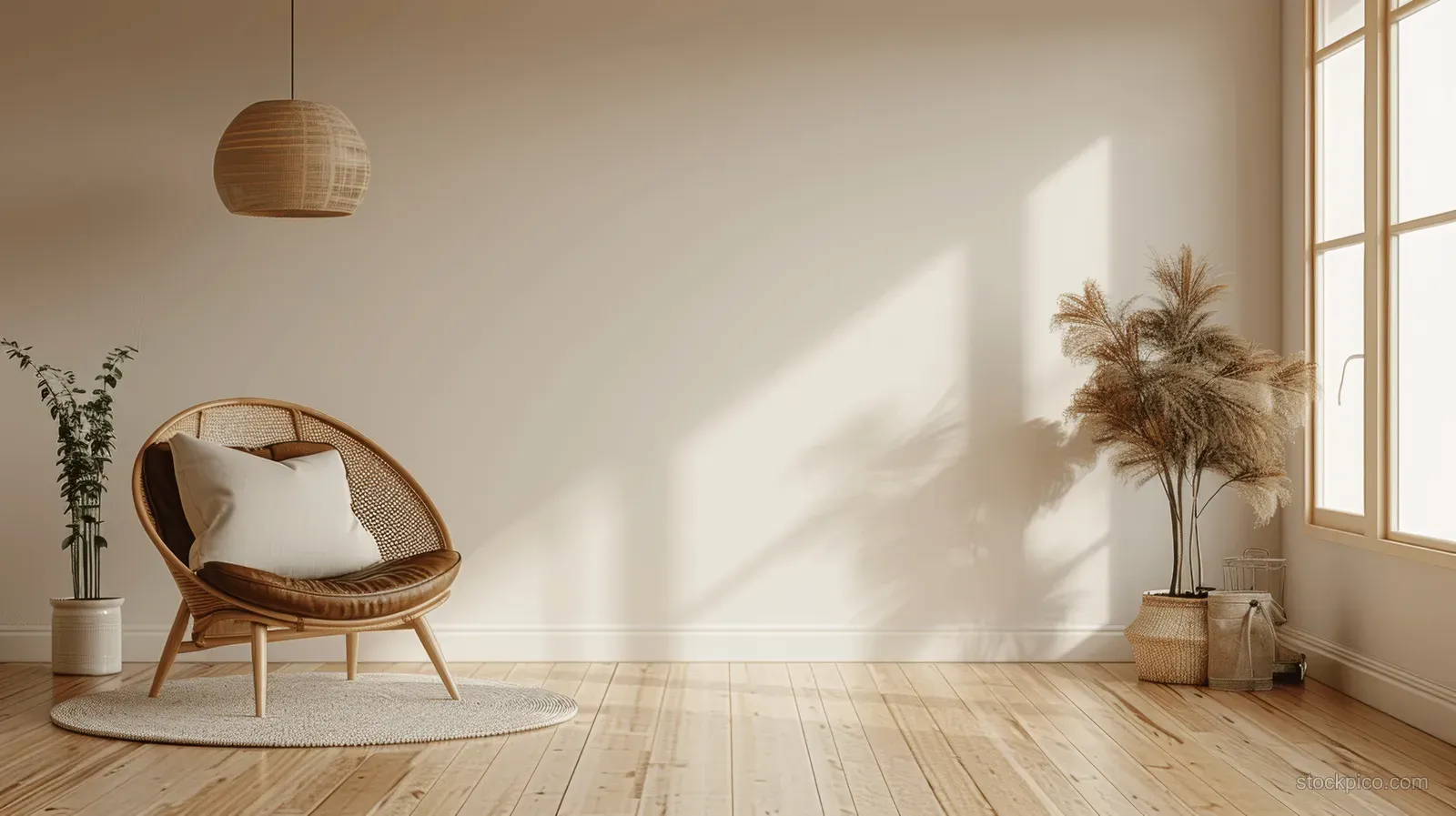 Brown leather armchair beside a wooden parquet floor in a Scandinavian minimalist living room with sunlight.