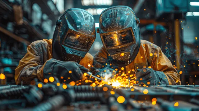 Two welders in helmets weld metal components in a factory, with bright sparks scattering around them.